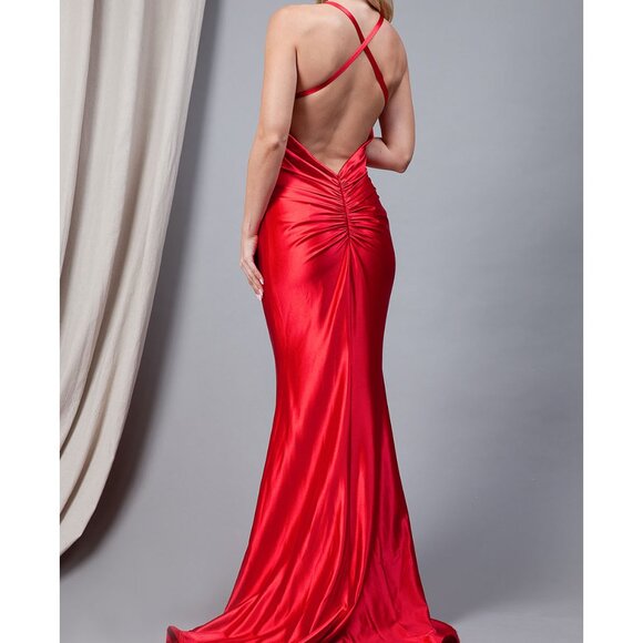 Mustard Yellow Deep V-Neck Satin Formal Prom Wedding Evening Dress 4 - Picture 4 of 4